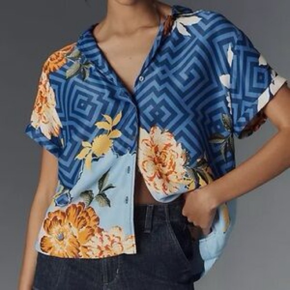Anthropologie Brenna Floral Geometric Button-Down Top Blue XS